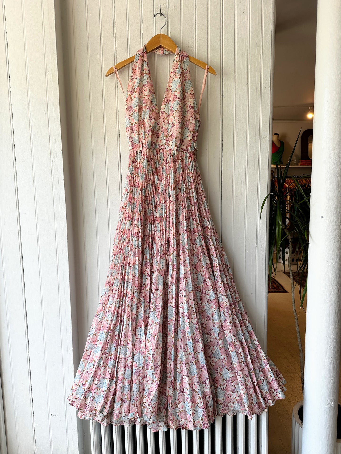 70’s Floral Halter Maxi Dress w/ Matching Shirt & Belt