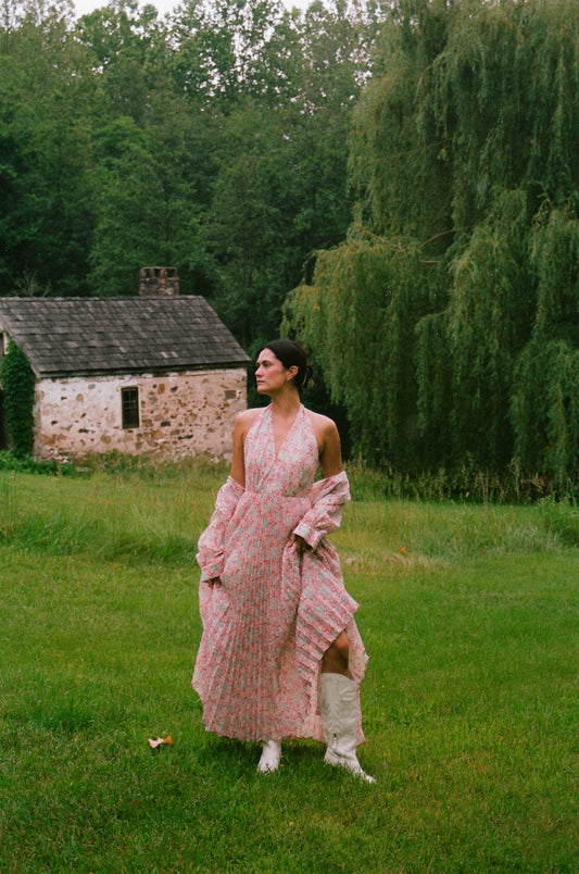 70’s Floral Halter Maxi Dress w/ Matching Shirt & Belt